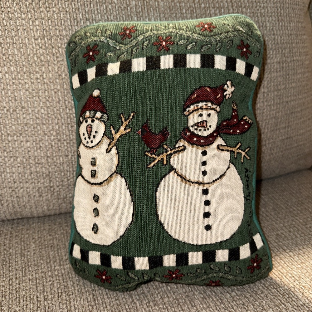 Decorative Small Snowman Accent Pillow Tapestry Holiday Design W Velvet Back